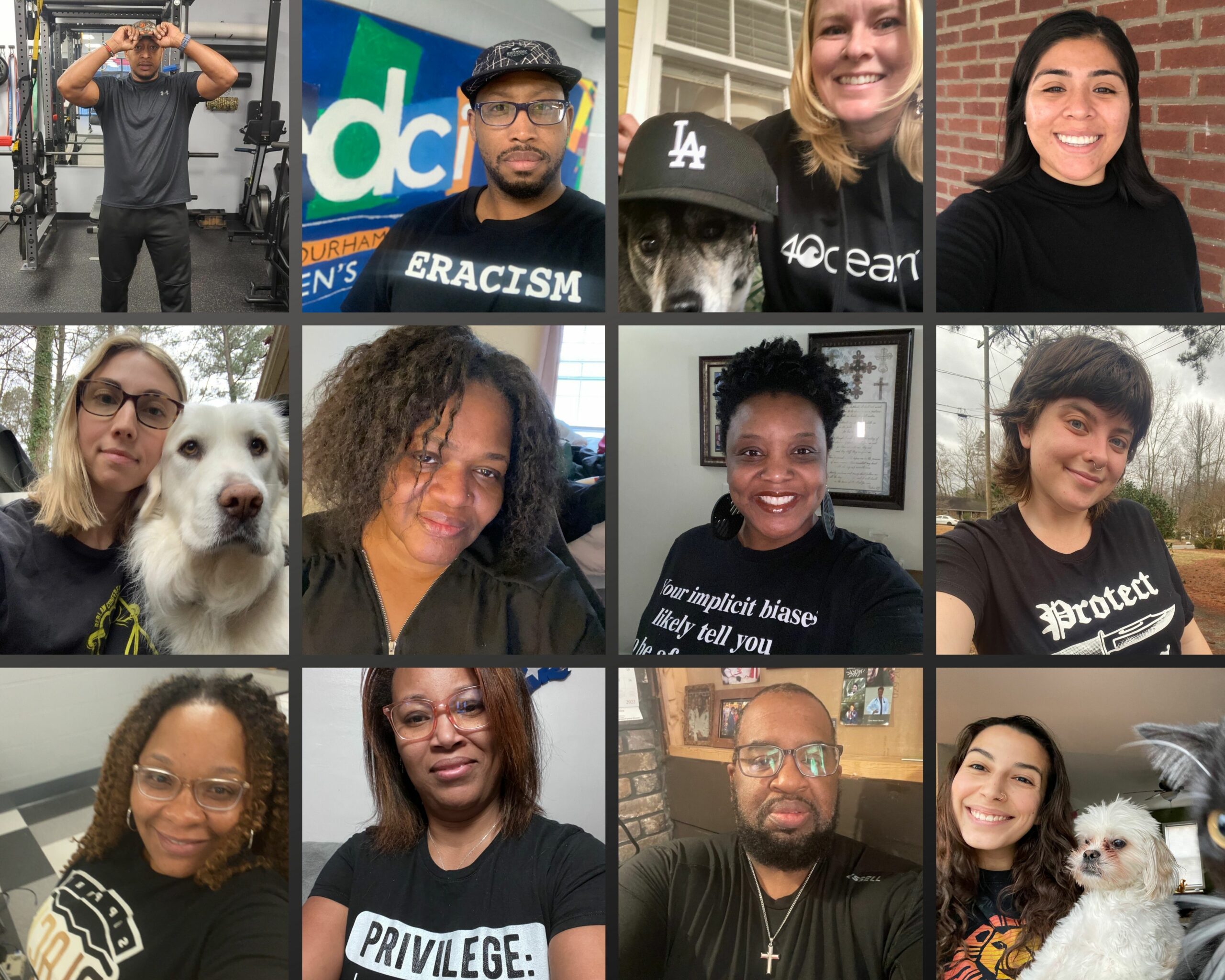 Durham Children's Initiative Staff dress in black on Fridays to honor Black History Month. 12 DCI staff members dressed in black clothes, some with their pets.